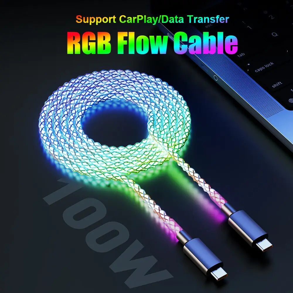 Fast Charging RGB Cable 100W Breathing Light 66W Type C USB C Data Cable for Iphone Samsung Huawei 30W Quick Charge for Xiaomi